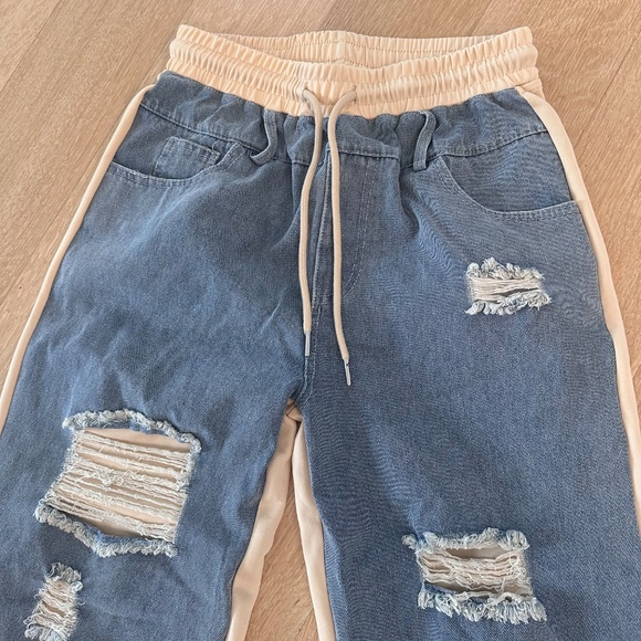 🔥Brand New Y2K Denim Patchwork Drawstring Distressed Jeans  Size S - Picture 5 of 11